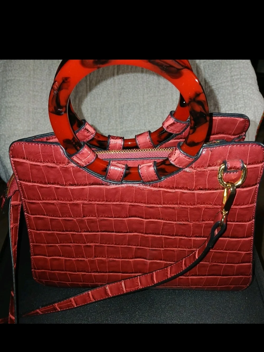 Imoshion Red Croc-Embossed Vegan Leather Tortoise Shell Circle-Handle Satchel